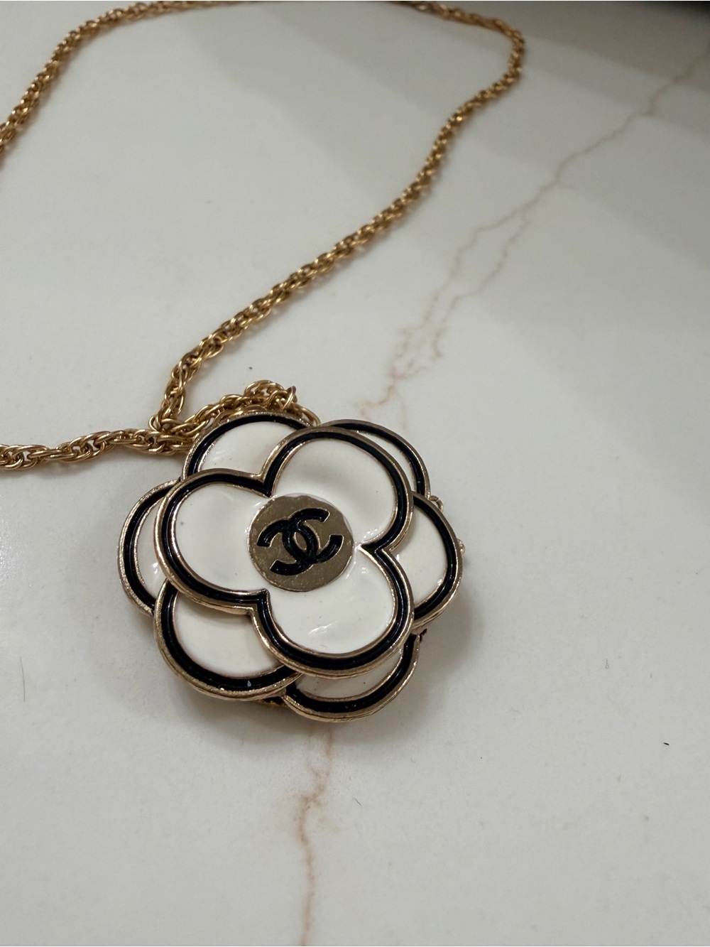 CHANEL White black Enamel Camellia Flower button Necklace with Gold-Tone Chain